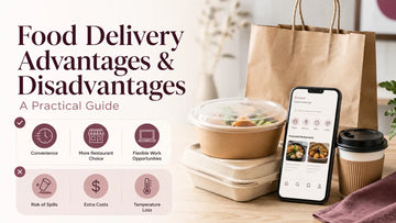 Illustration showing the benefits and drawbacks of food delivery services, with icons representing convenience, speed, and challenges.