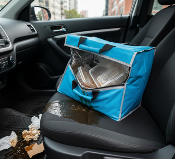 An Insulated food delivery bag tipping over in the car