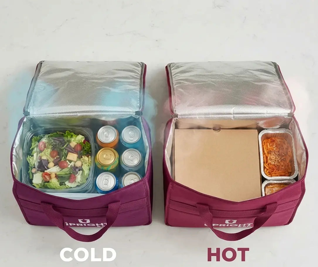 Two insulated food delivery bags, one for hot food and other for cold food like cold drinks.
