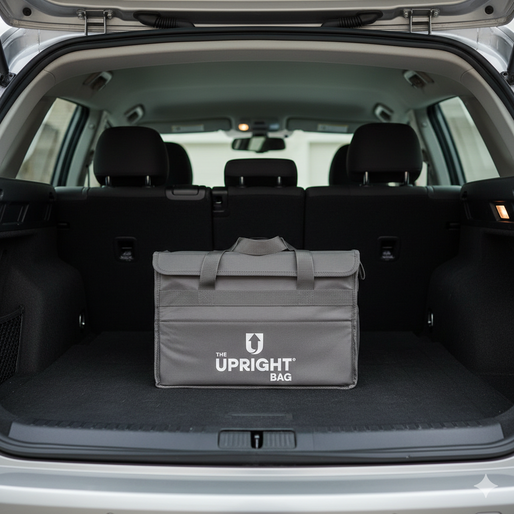 Gray 'The Upright Bag' in a car trunk