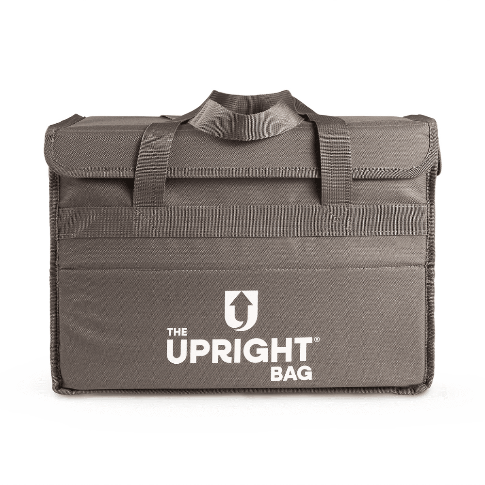 insulated delivery bag grey color with 'The Upright Bag' logo on a white background