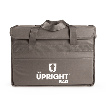 insulated delivery bag grey color with 'The Upright Bag' logo on a white background