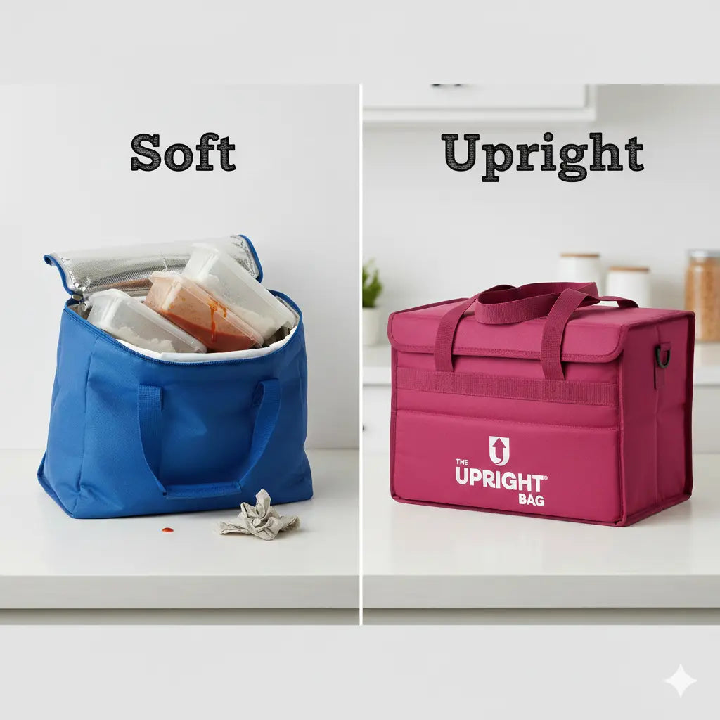 Comparison of a soft insulated bag and an upright insulated bag on a white background.
