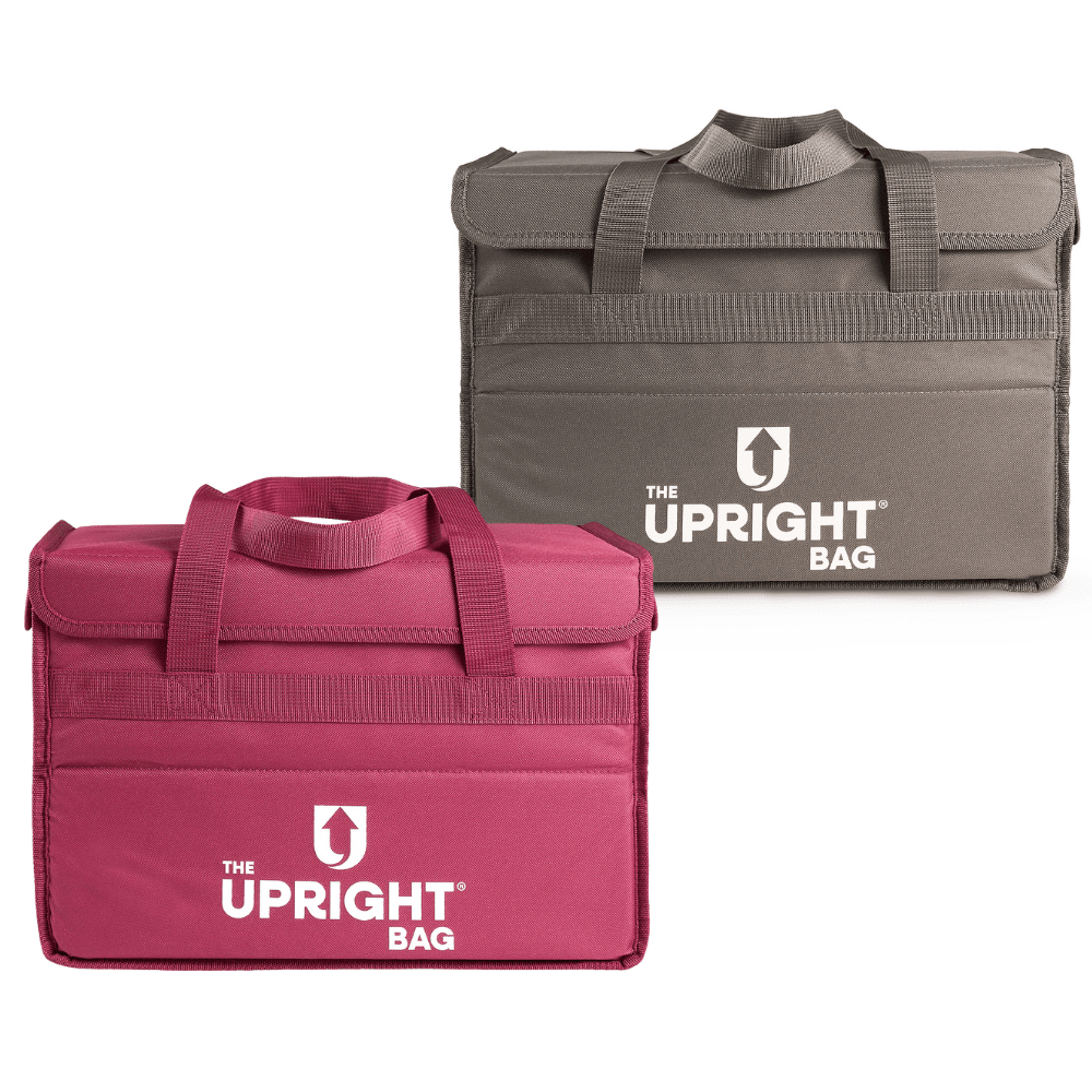 Two insulated food delivery bags, one red and one gray, with 'The Upright Bag' logo on a white background.