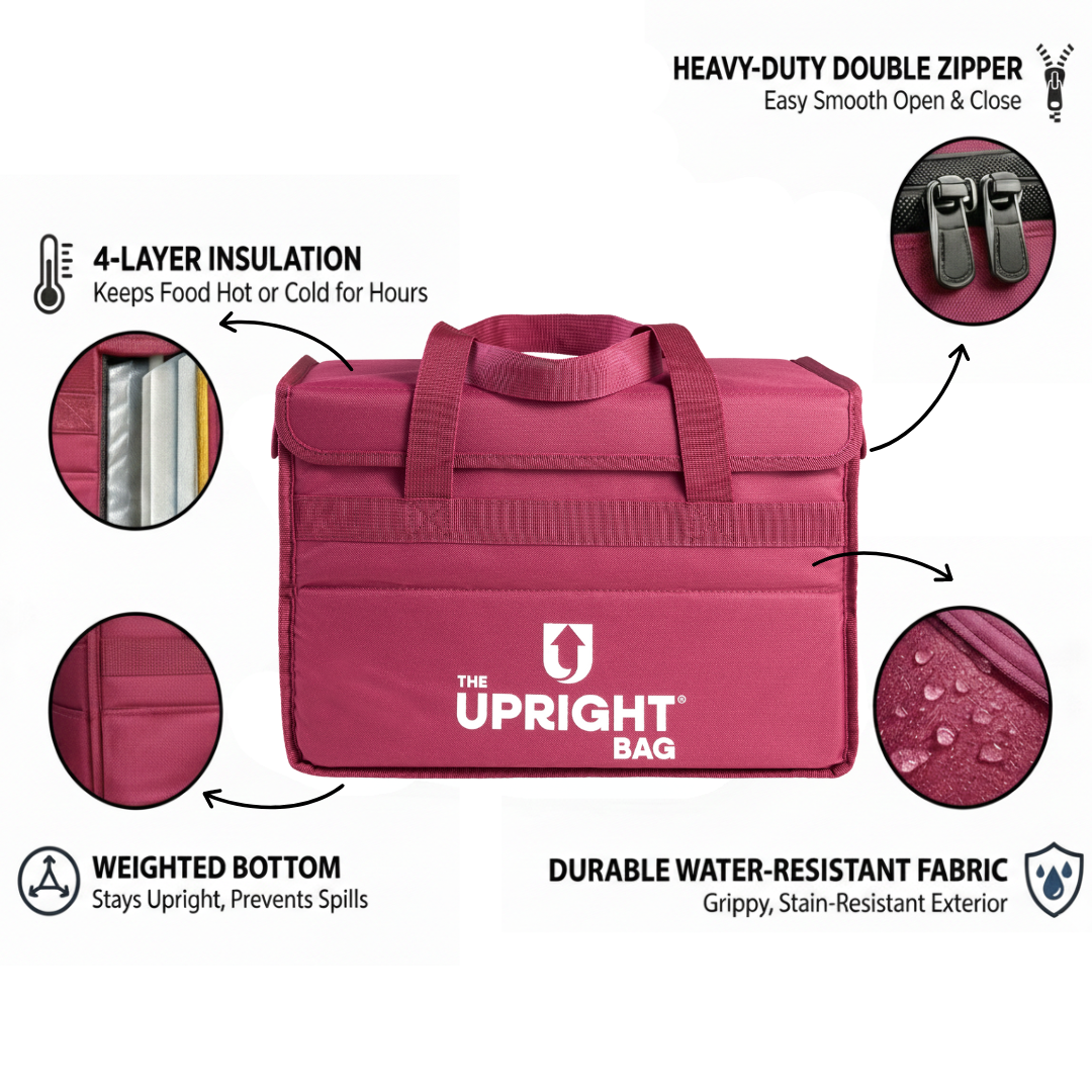 deep purple insulated bag with features highlighted on a white background