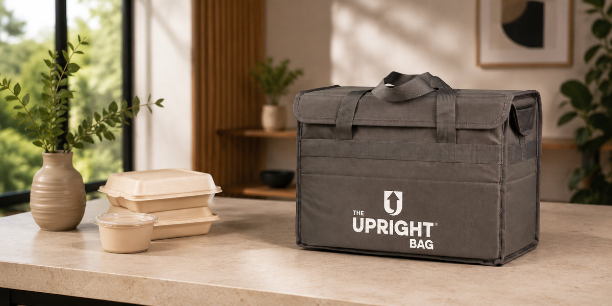 The Upright Bag insulated food delivery bag with a weighted base standing upright