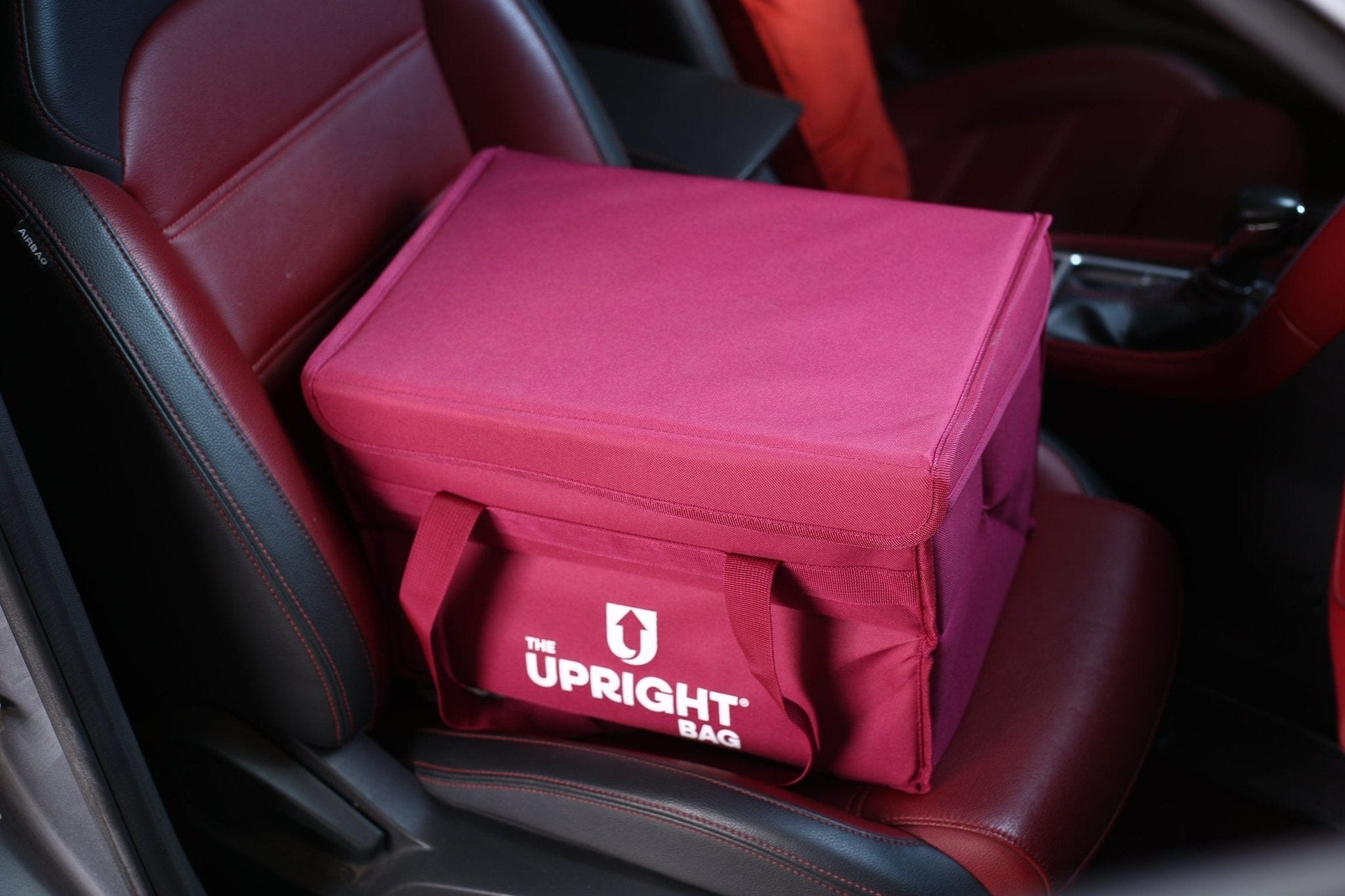 Upright food delivery Bag' on a car seat